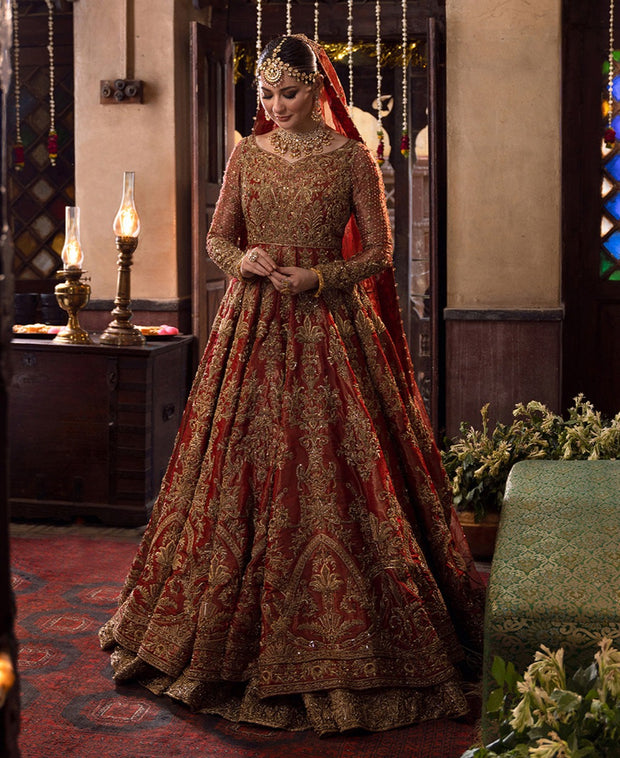 Latest Traditional Pishwas Frock with Tissue Lehenga and Dupatta Red Pakistani Bridal Dress