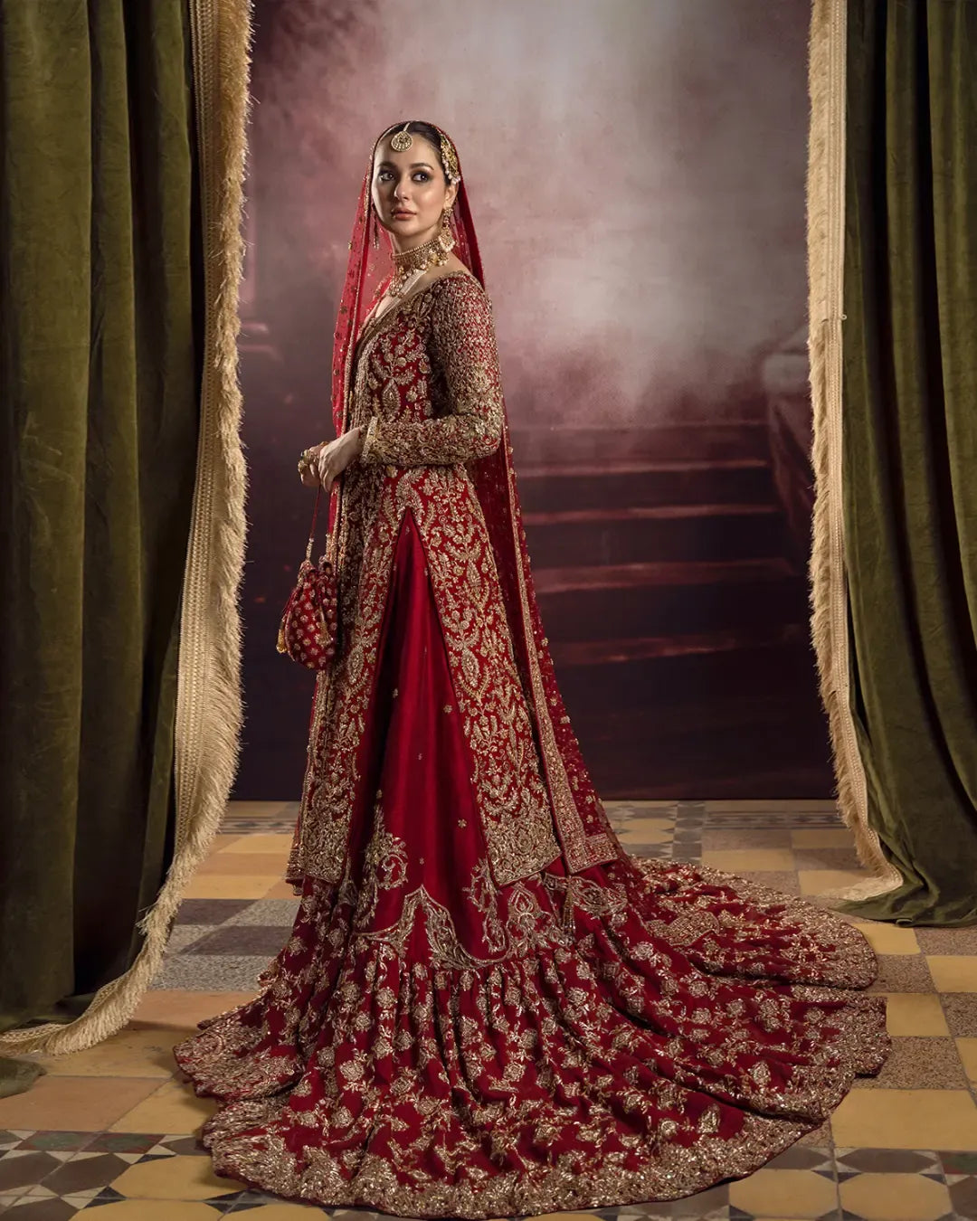 Traditional Red Pakistani Bridal Lehenga with Kameez & Dupatta