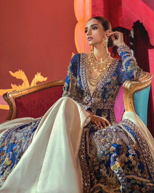Latest Wedding Gown Frock Dress in Blue Shade Pakistani