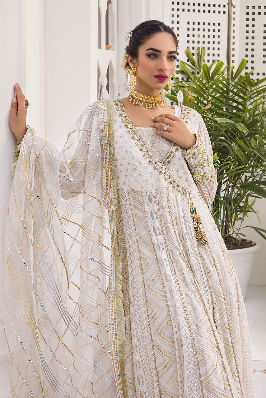 Latest White Chiffon Angrakha Pakistani Dress for Nikkah