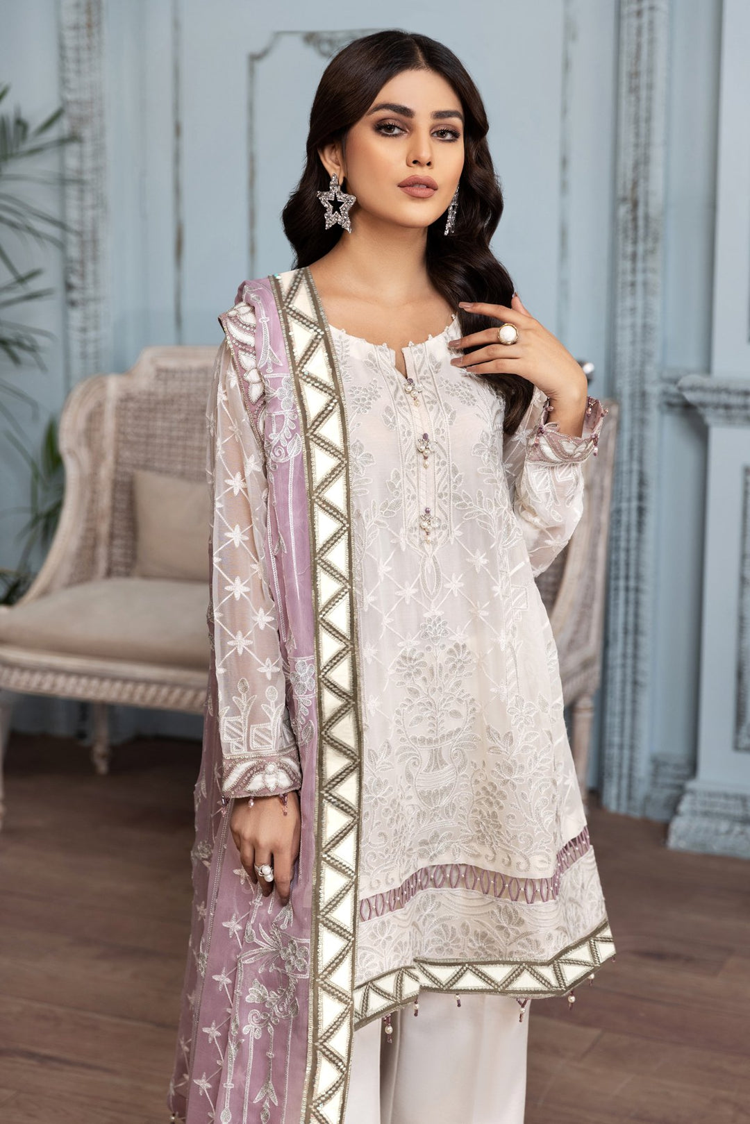 Latest White Salwar Kameez with Lilac Dupatta 2022