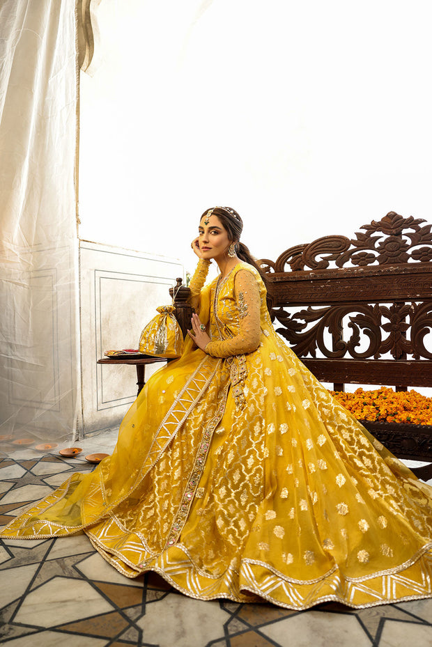 Latest Yellow Mehndi Dress in Bridal Angrakha Frock Style