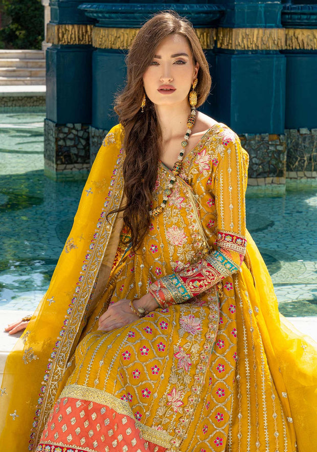 Latest Yellow Mehndi Dress in Traditional Pishwas Frock Style