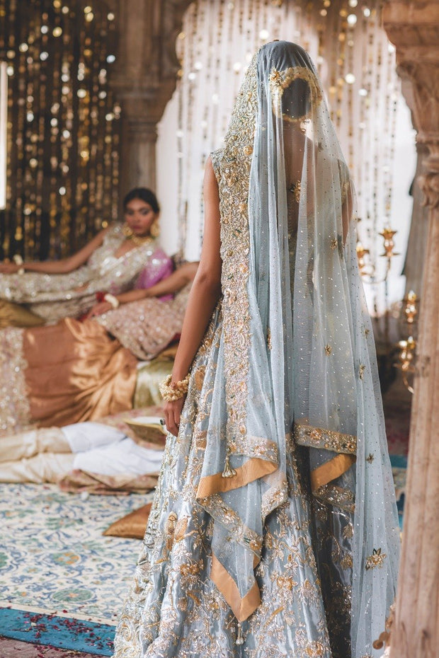 Latest Pakistani Ice Blue Bridal Lehnga for Wedding Backside View