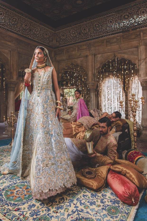 Latest Pakistani Ice Blue Bridal Lehnga for Wedding Overall Look