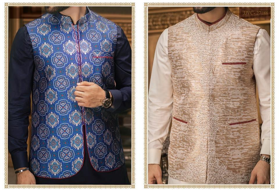 Latest Pakistani Mens Embroidered Waistcoat Dark Light 