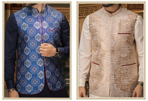 Latest Pakistani Mens Embroidered Waistcoat Dark Light 