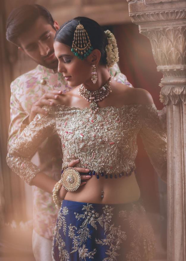Latest Pakistani Navy Blue Lehnga Choli for Wedding Close Up