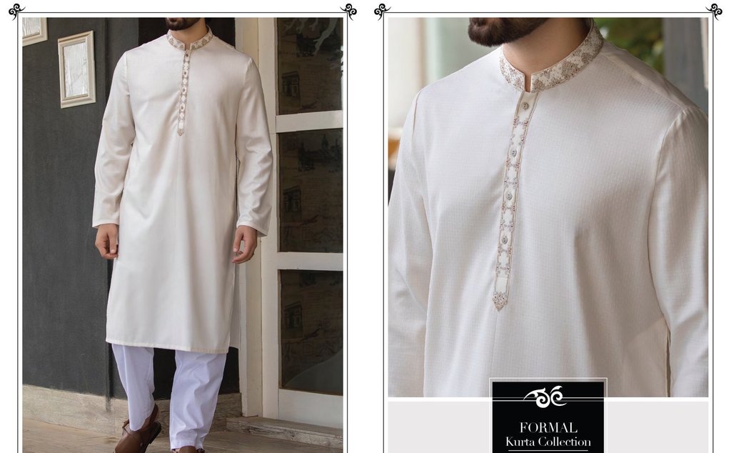 Latest Pakistani Off White Mens Kurta with Gala work 