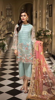 Latest embroidered organza dress in aqua blue color