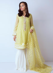 Latest organza dress for party in fresh yellow color