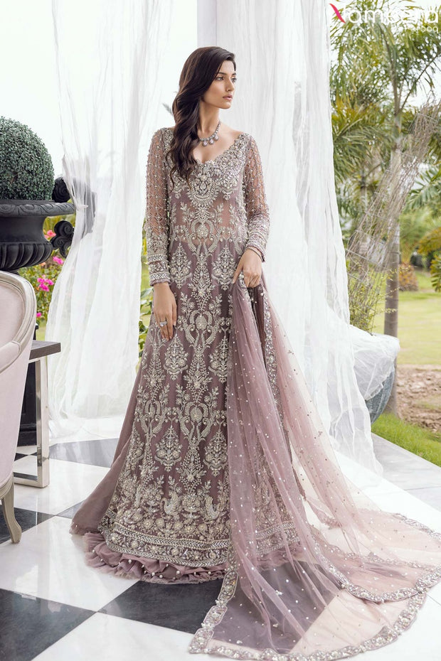 Pakistani Designer Bridal Lavender Lehenga Gown in Net Chiffon Nameera by Farooq
