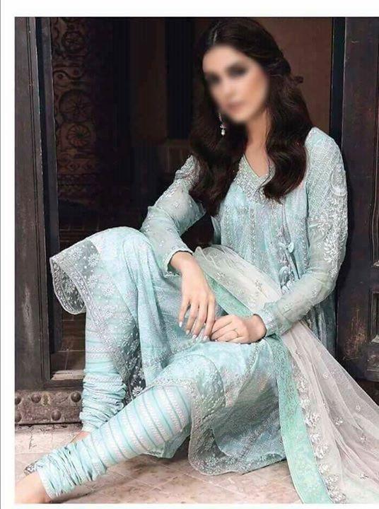 Lawn Anarkali Frock Dress Light Turquoise and Skin Color 