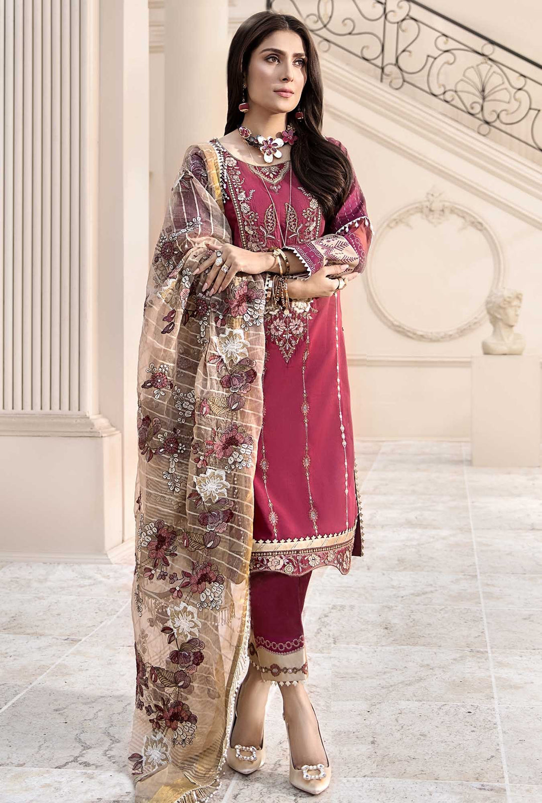 Lawn Desiner Dress in Maroon Color