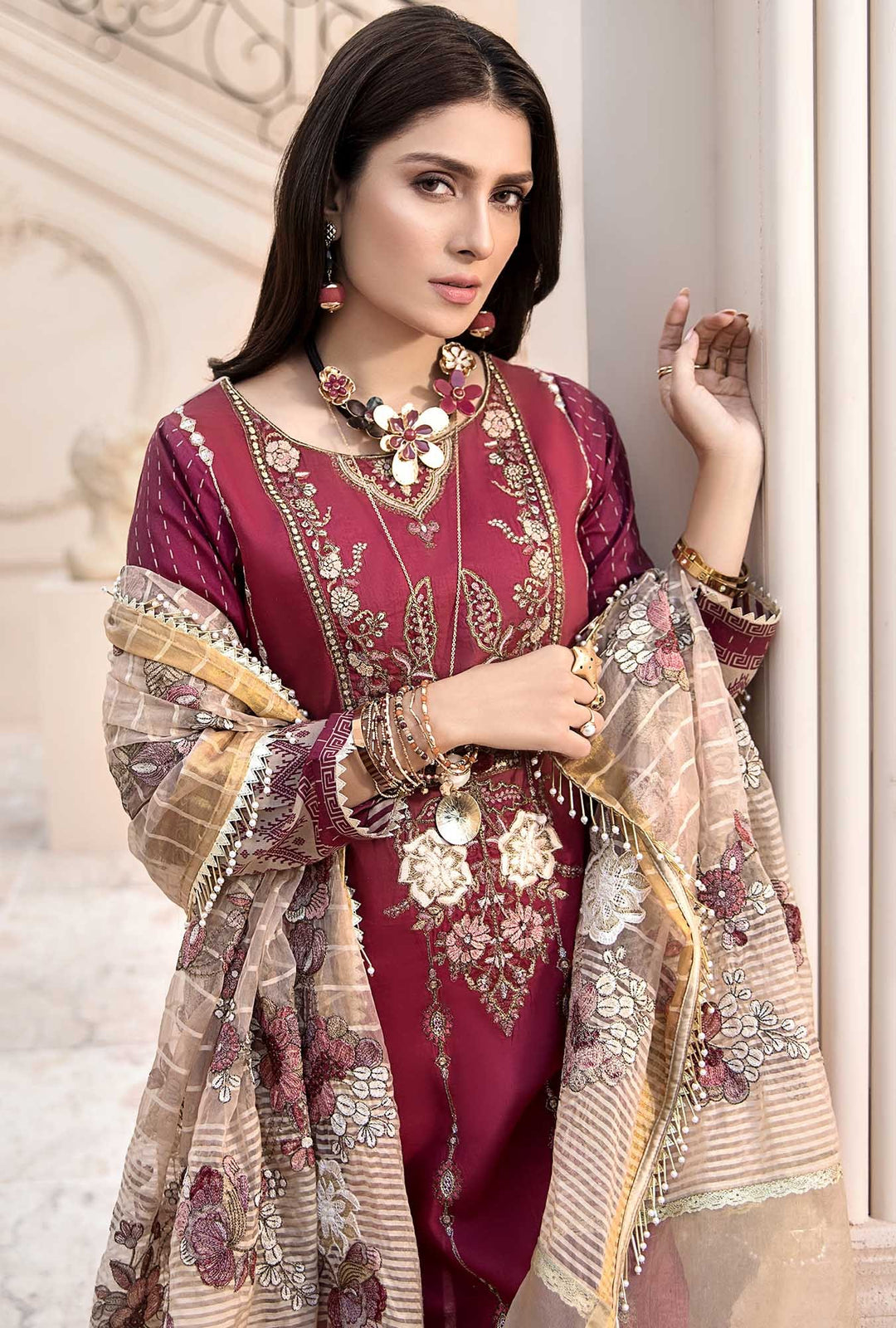 Lawn Desiner Dress in Maroon Color Close Up