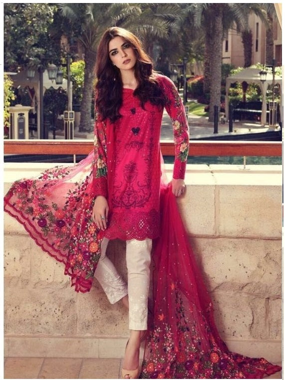 Lawn Dress Contrast Colour Thread Work Sleeves Net Dubatta