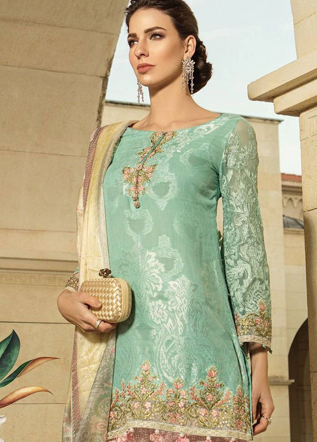 Lawn Suit with Embriodery in Turquoise Color Close Up