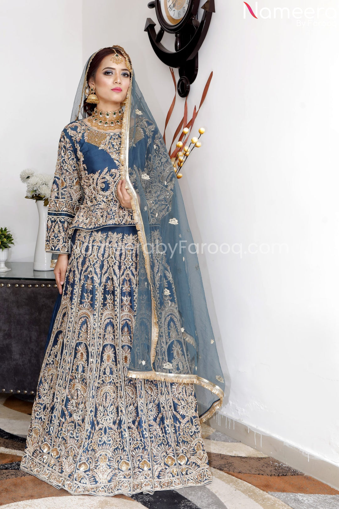 Pakistani Bridal Raw Silk Blue Lehenga Dress Online 2021 SMALL