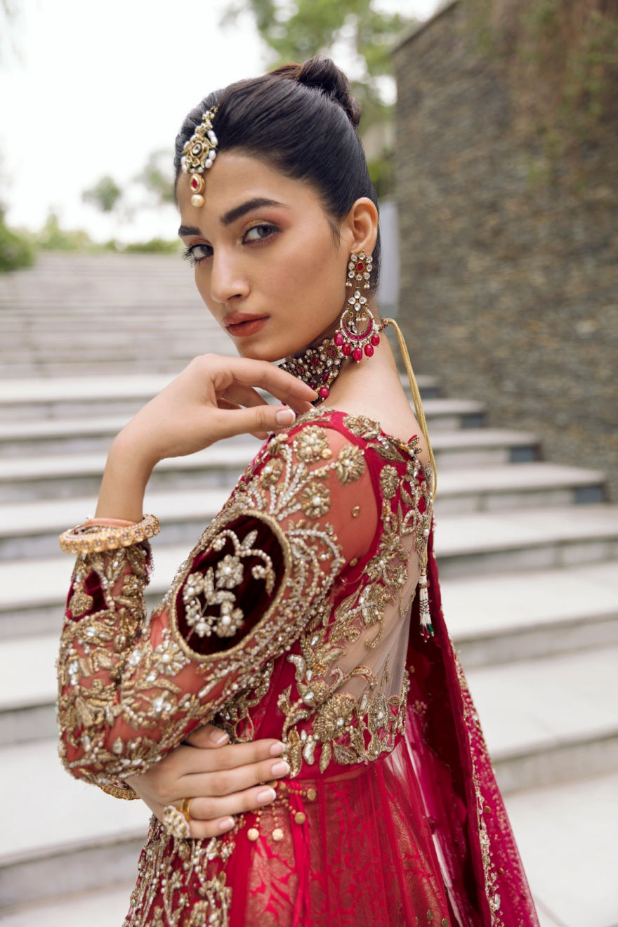 Luxurious Red Pakistani Bridal Dress with Lehenga & Dupatta