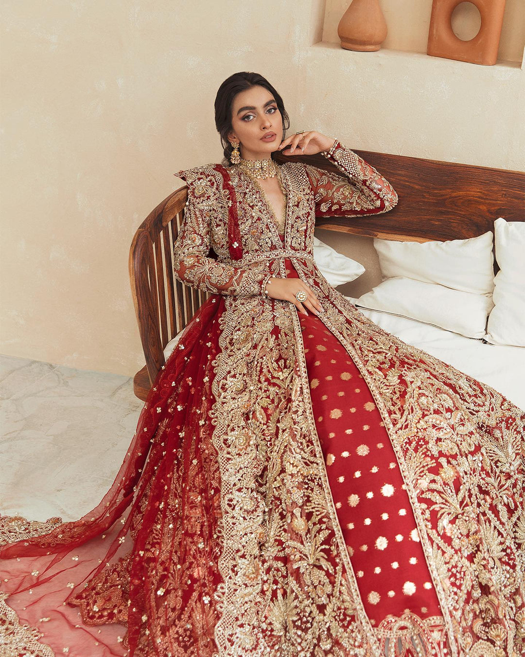 Elegant Red Pakistani Bridal Lehenga Gown Dress