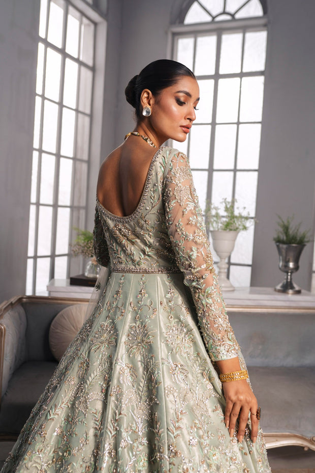 Lehenga Gown Style Pakistani Bridal Dress in Mint Green Color