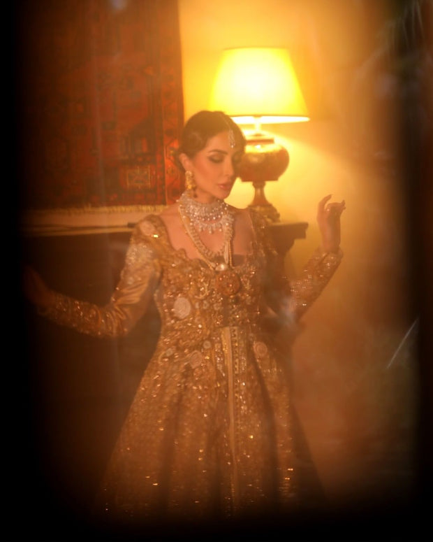 Lehenga Jacket Dupatta Golden Bridal Dress Pakistani