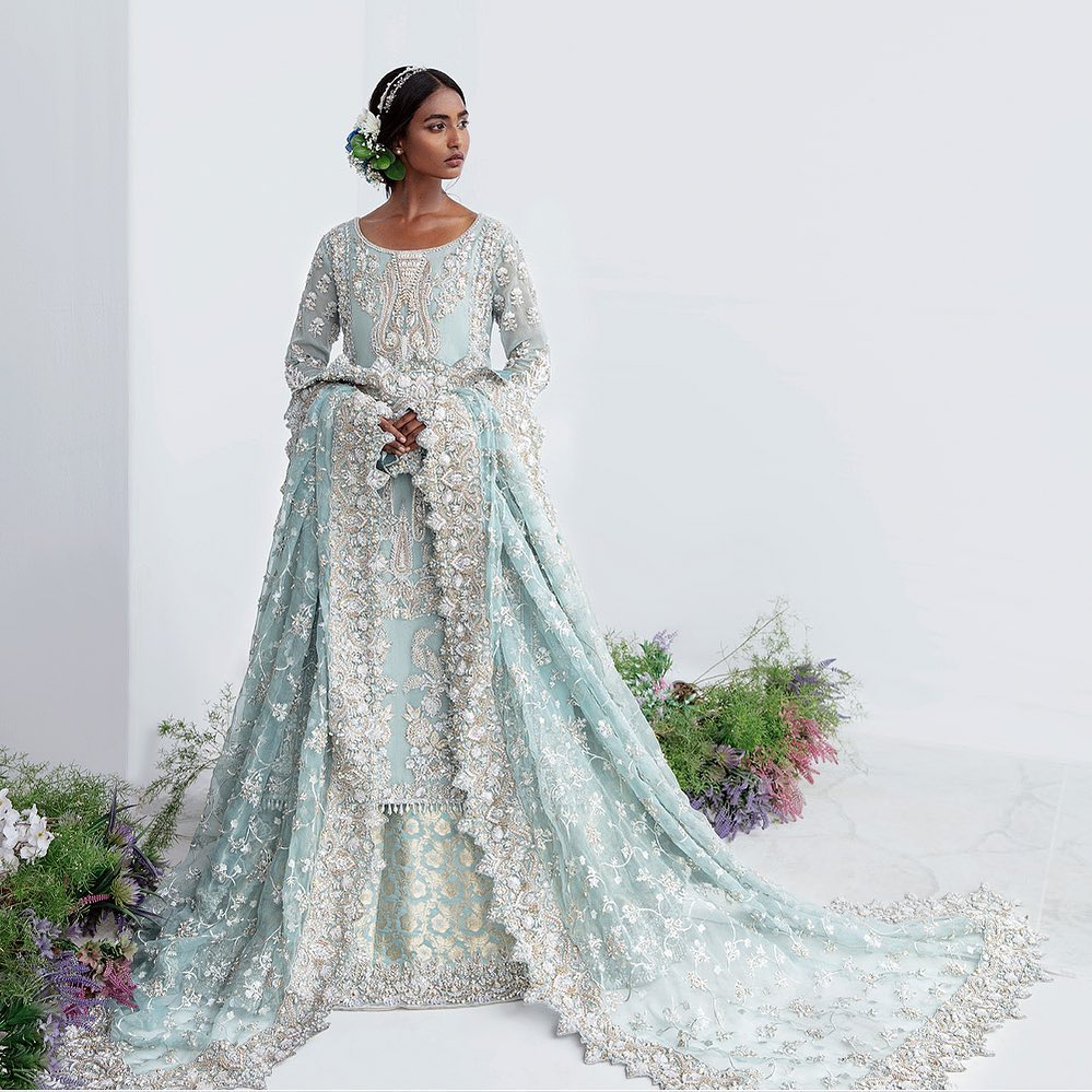 Elegant Blue Pakistani Bridal Lehenga Kameez Dupatta Set