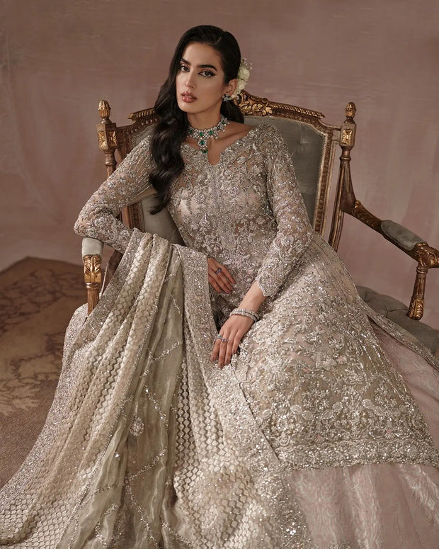 Lehenga Kameez Dupatta Silver Bridal Dress Pakistani Online