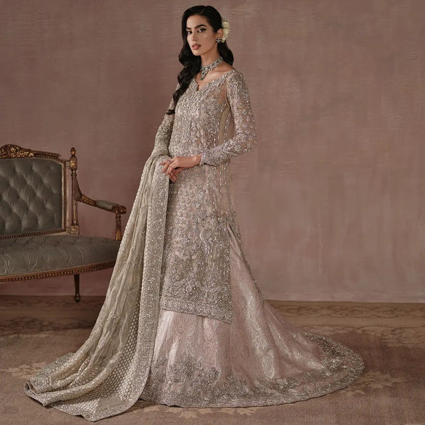 Lehenga Kameez Dupatta Silver Bridal Dress Pakistani
