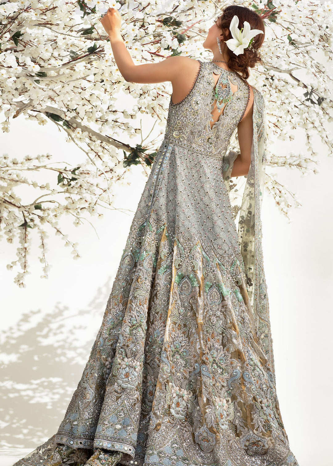 Long Designer Maxi in Silver Color Backside Look