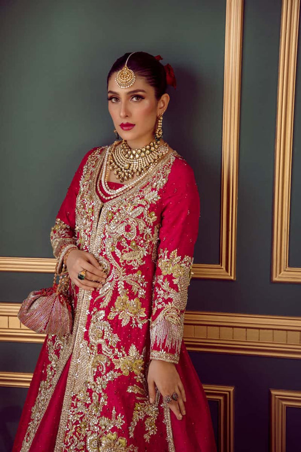 Long Jacket Lehenga Cherry Red Bridal Dress Pakistani