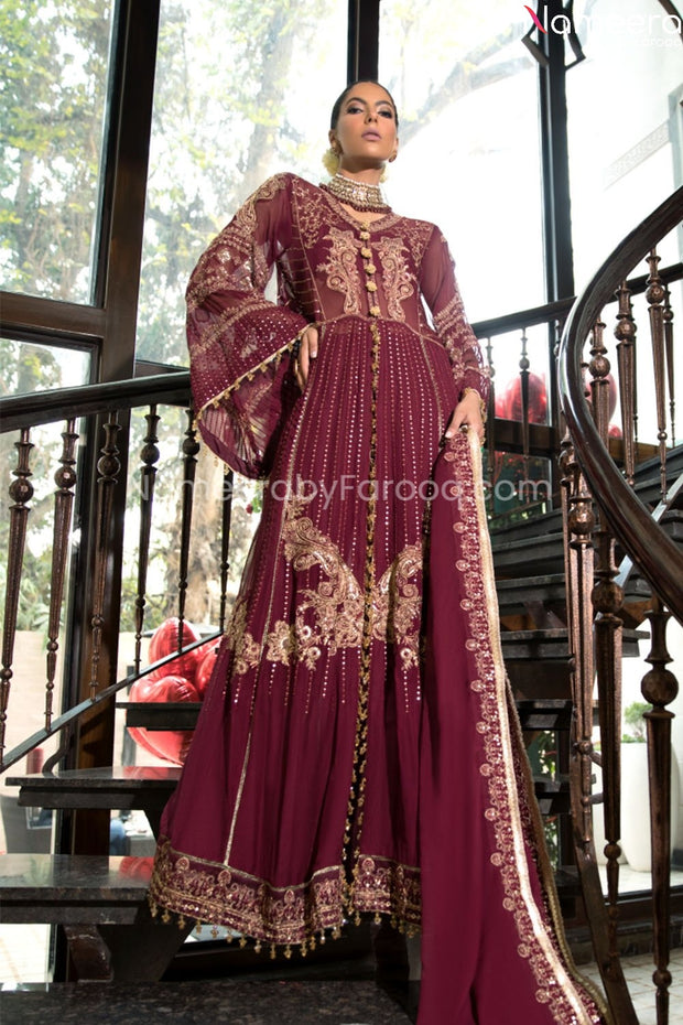 Long Maroon Maxi Dress for Girls with Embroidery #PR282