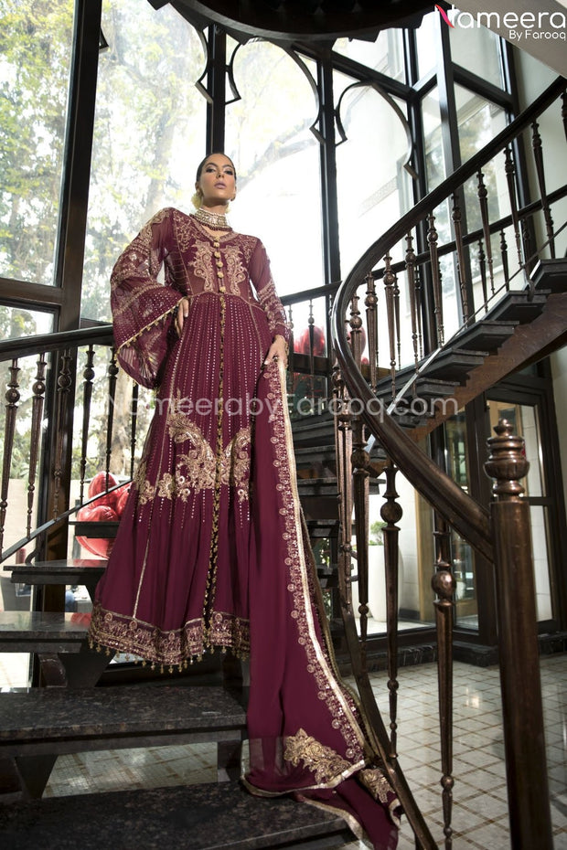 Long Maroon Maxi Dress for Girls with Embroidery #PR282