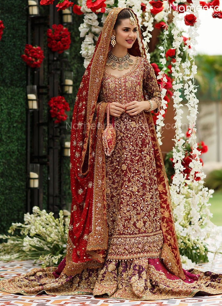 Pakistani Long Shirt Lehenga Bridal Dress in Red and Pink