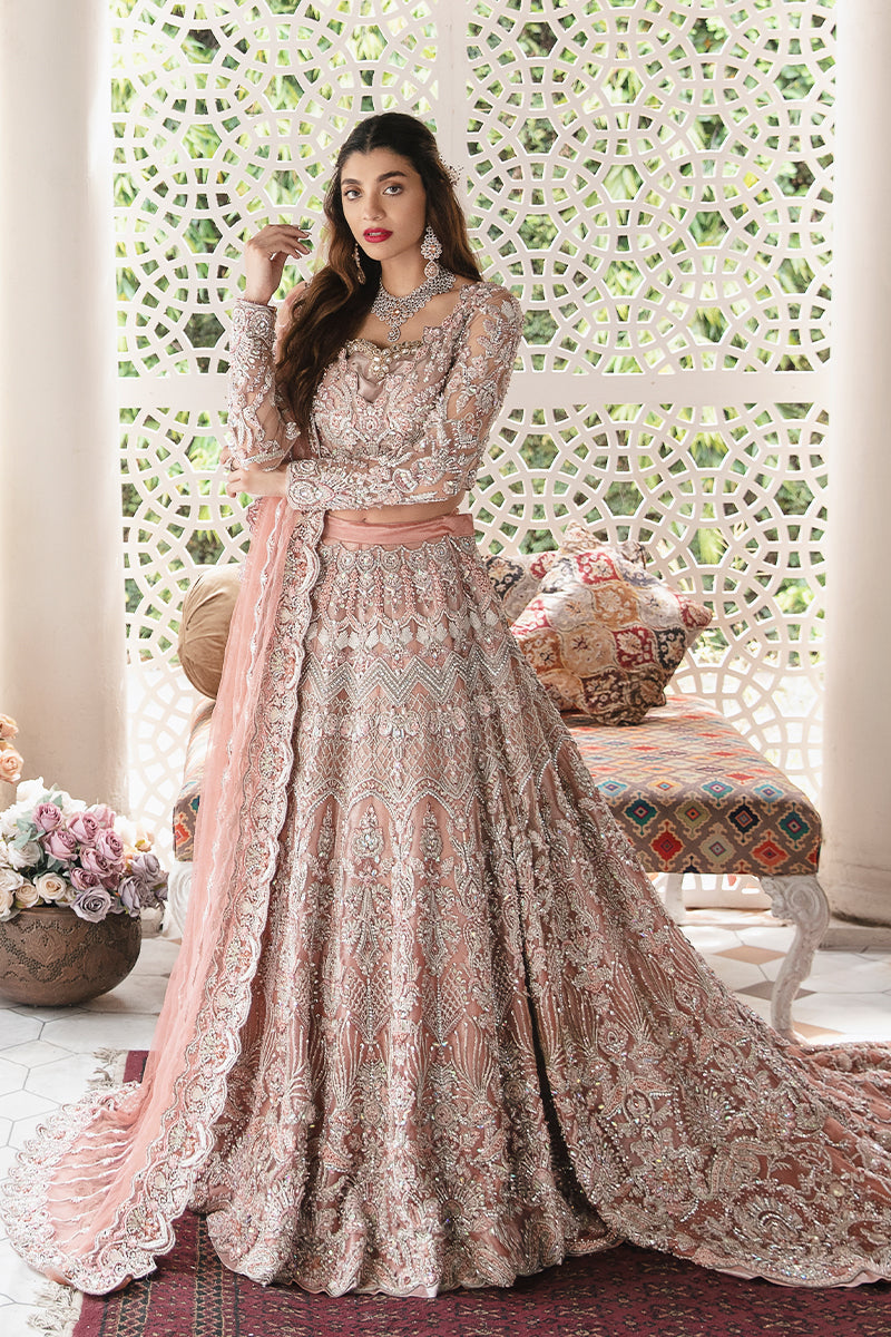 Peach Long Tail Pakistani Bridal Lehenga with Choli & Dupatta