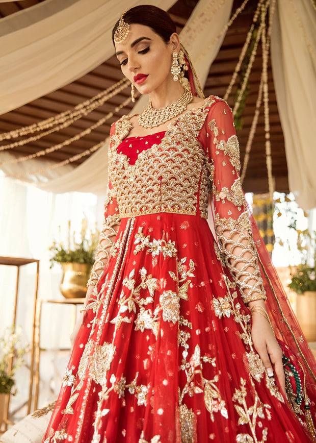  Long Trail Frock for Wedding in Red Color Neckline View