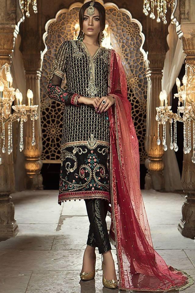 Long Shirt With Churidar Pajama Maria B In Black Red Color Model C 1630