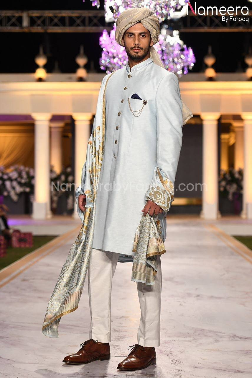 Luxury Pakistani Groom Sherwani in Sky Blue Color 
