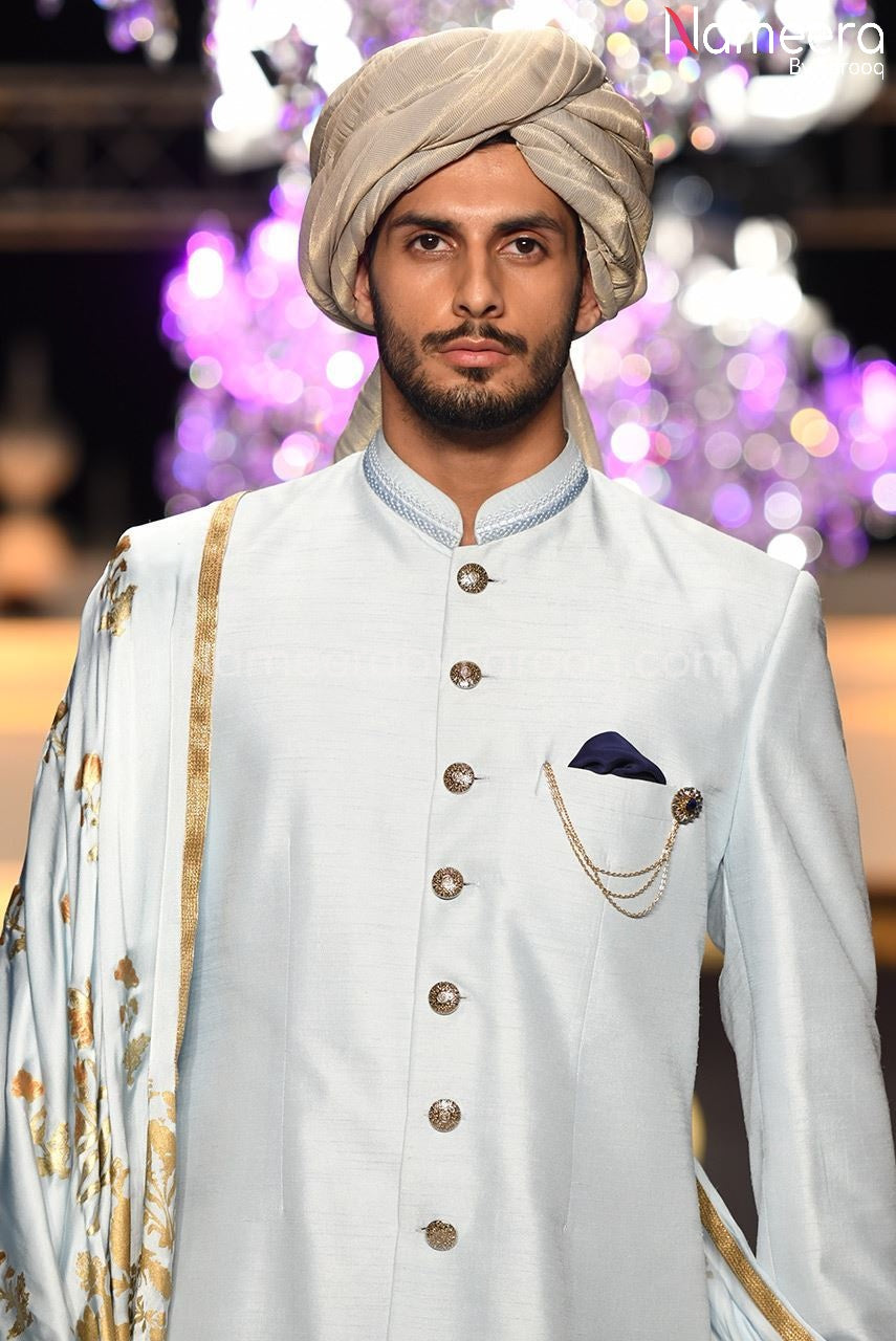 Luxury Pakistani Groom Sherwani in Sky Blue Color Close up