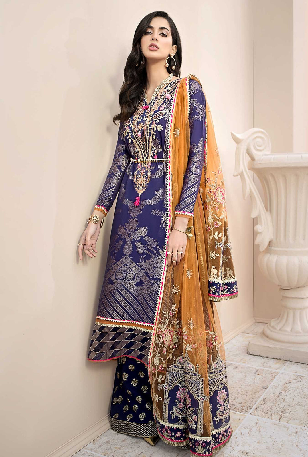 Luxury Lawn Dress in Navy Blue Color Medium