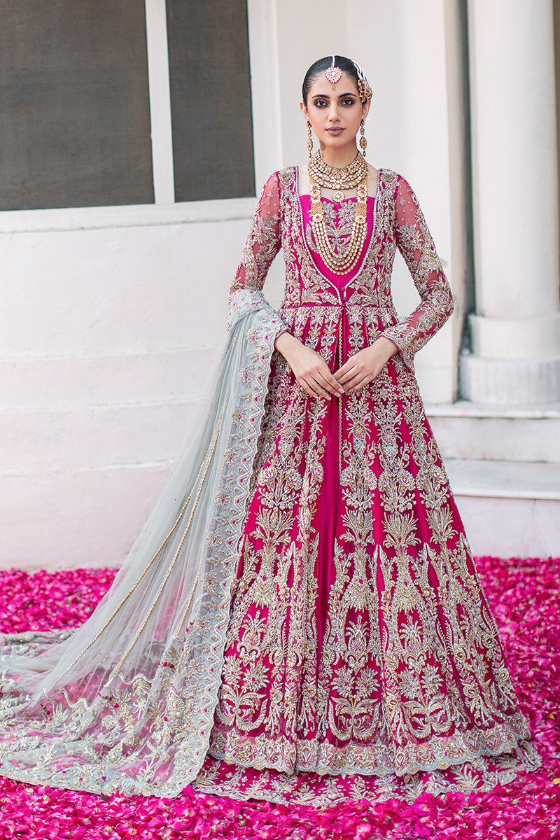 Magenta Front Open Gown with Pakistani Bridal Lehenga