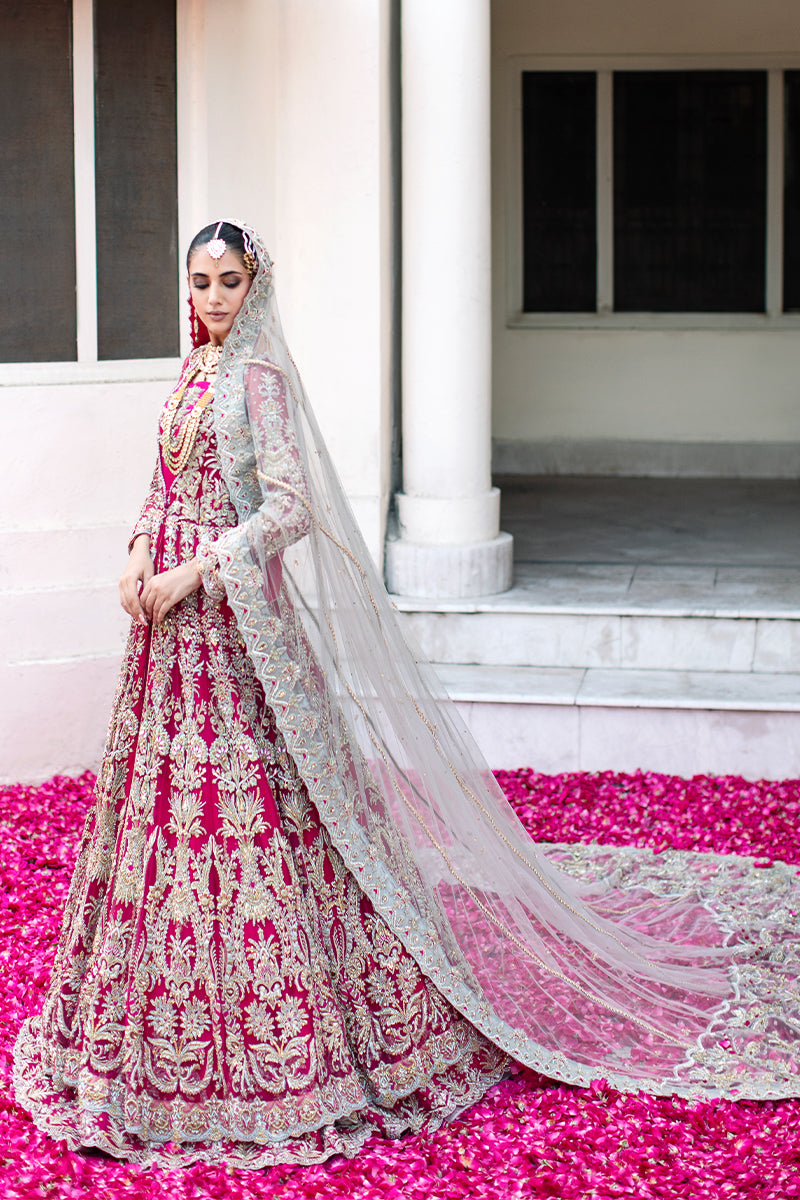 Magenta Front Open Gown with Pakistani Bridal Lehenga