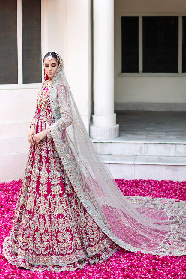 Magenta Front Open Gown Pakistani with Bridal Lehenga Online
