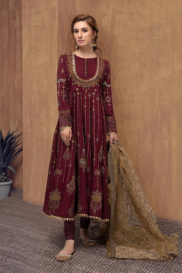 Crepe Embroidery Gown In Maroon Colour