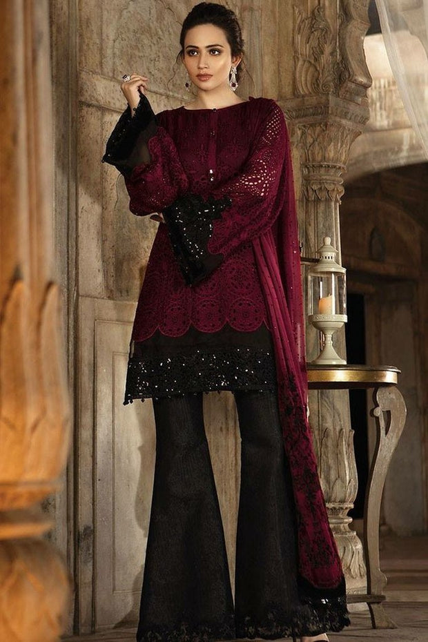 Maria B Designer Chiffon Dress in dark maroon and black color  Model# C 1631