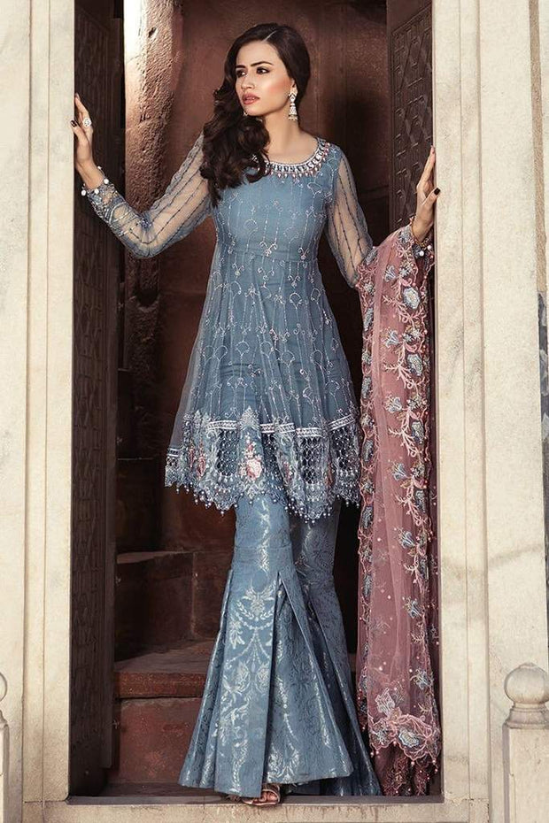 Fancy Paplam Frock And Gharara Pants Dress by Maria B In Bluish Gray & Pink color Model# C 1621