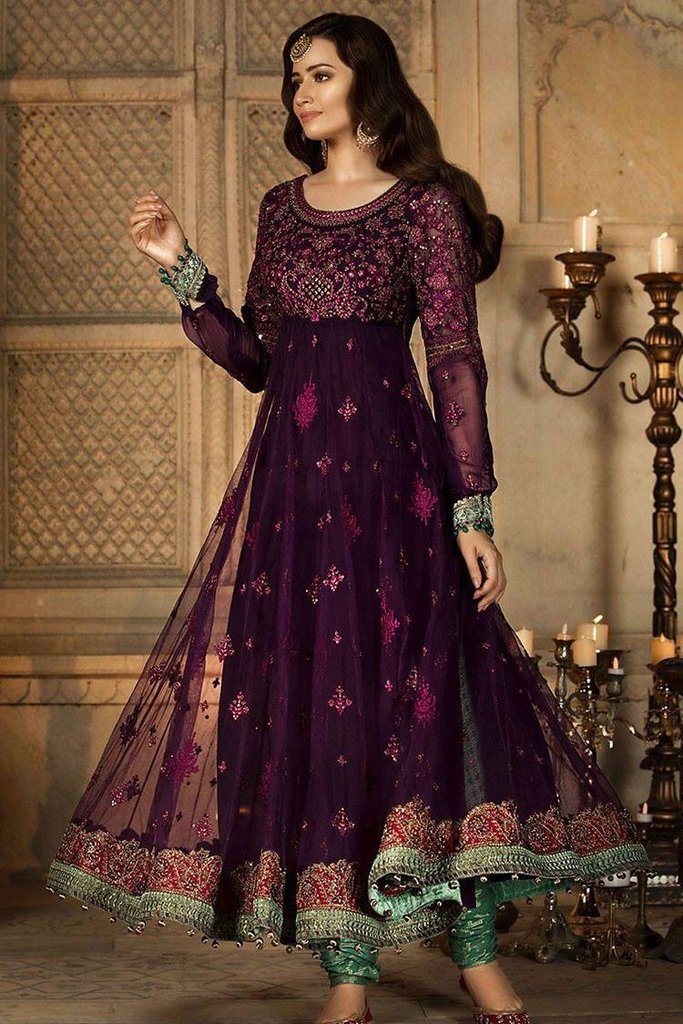 Long Frock With Churidar Pajama In Magenta Green Color by Maria B Model# C 1625