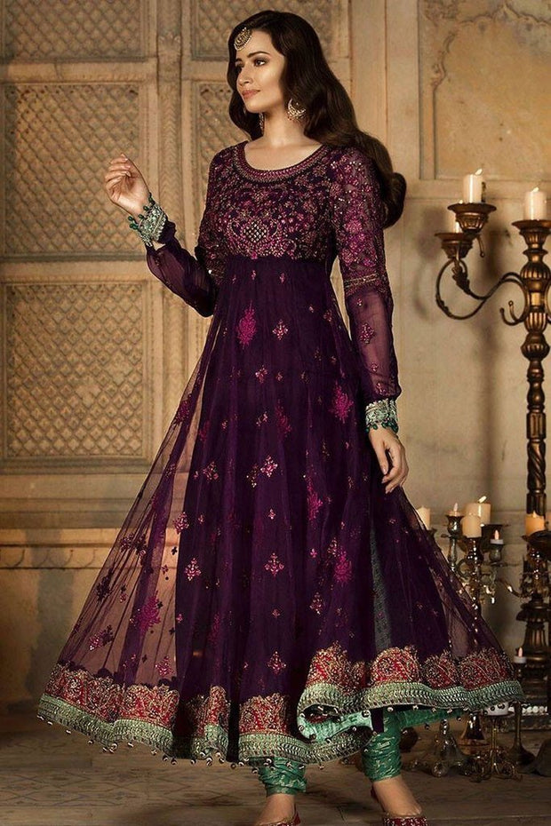 Long Frock With Churidar Pajama In Magenta Green Color by Maria B Model# C 1625