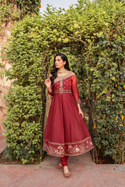 Maroon Embroidered Frock Churidar Dupatta Pakistani Eid Dress