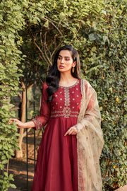 Maroon Embroidered Frock Churidar Pakistani Eid Dress Online